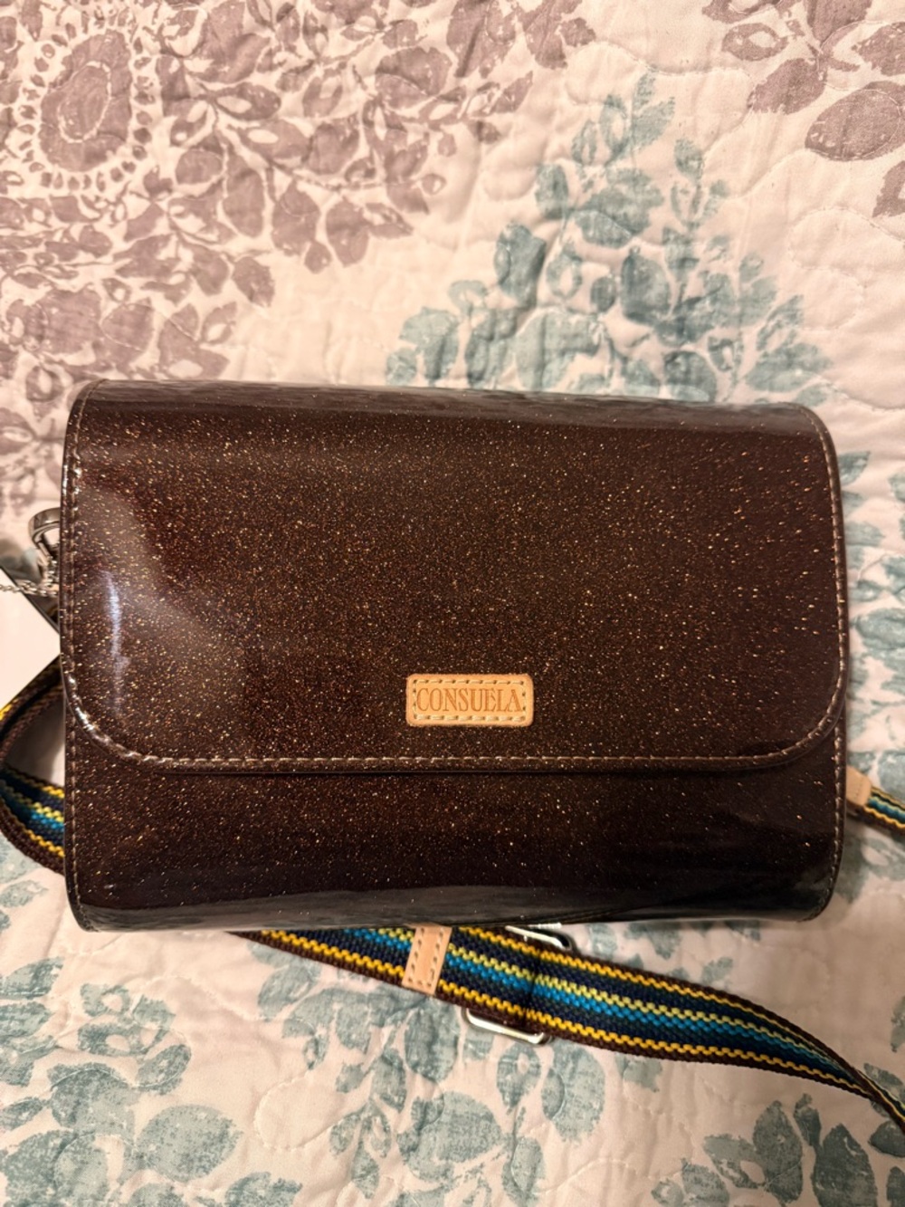 Consuela Ember On the Town Chocolate Brown Sparkle Crossbody with Striped Strap